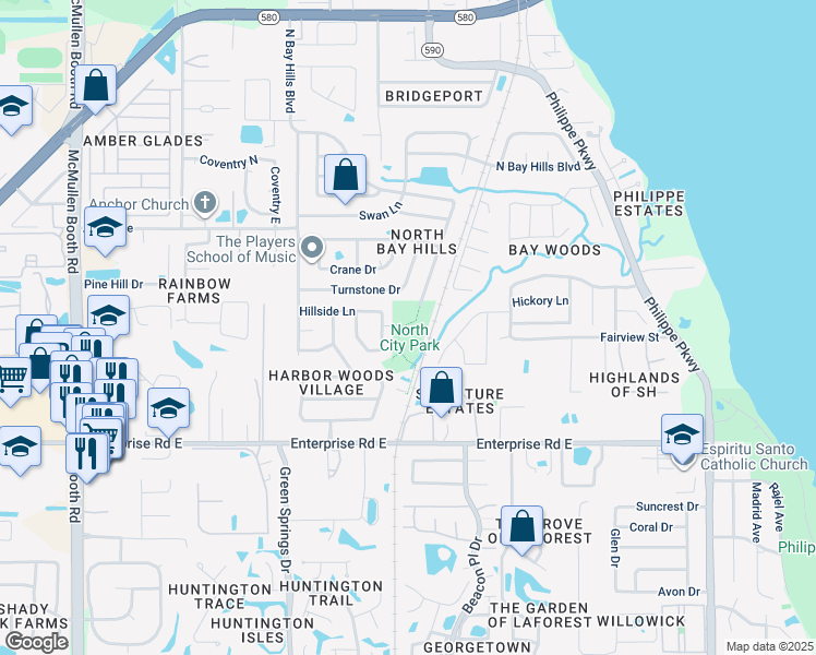 map of restaurants, bars, coffee shops, grocery stores, and more near 2075 Swan Lane in Safety Harbor