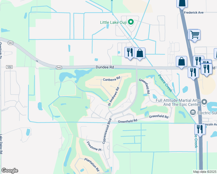 map of restaurants, bars, coffee shops, grocery stores, and more near 660 Augusta Road in Winter Haven