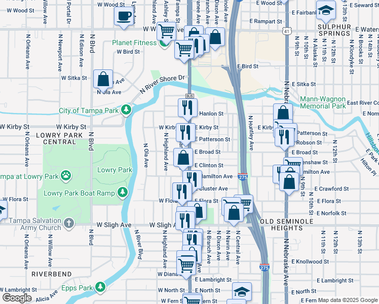 map of restaurants, bars, coffee shops, grocery stores, and more near N Florida Ave & W Broad St in Tampa