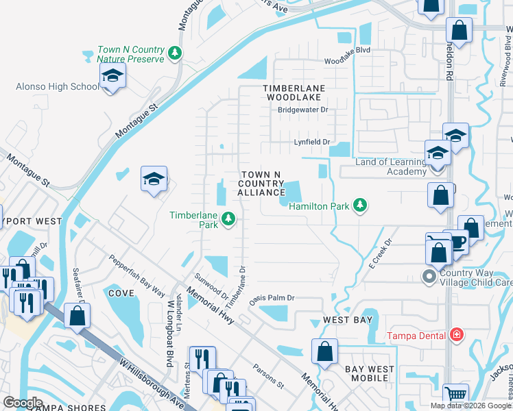 map of restaurants, bars, coffee shops, grocery stores, and more near 7156 Hamilton Park Boulevard in Tampa