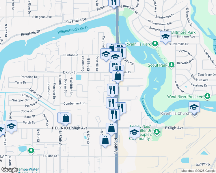 map of restaurants, bars, coffee shops, grocery stores, and more near 7509 Pitch Pine Circle in Tampa