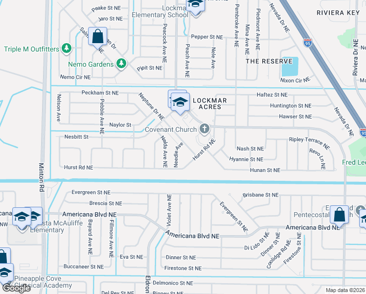 map of restaurants, bars, coffee shops, grocery stores, and more near 460 Neptune Drive Northeast in Palm Bay