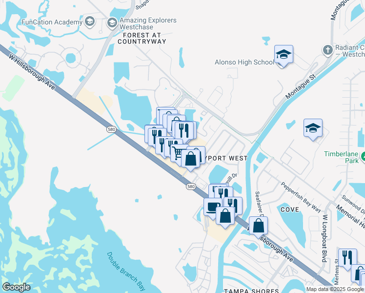map of restaurants, bars, coffee shops, grocery stores, and more near 11655 West Hillsborough Avenue in Tampa