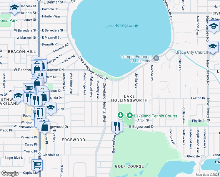 map of restaurants, bars, coffee shops, grocery stores, and more near 2411 Derbyshire Avenue in Lakeland