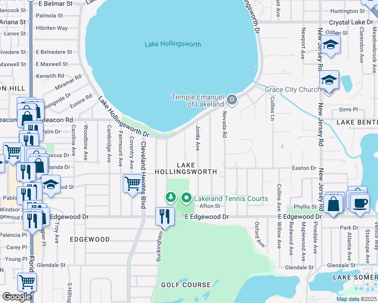 map of restaurants, bars, coffee shops, grocery stores, and more near 2324 Brandon Road in Lakeland