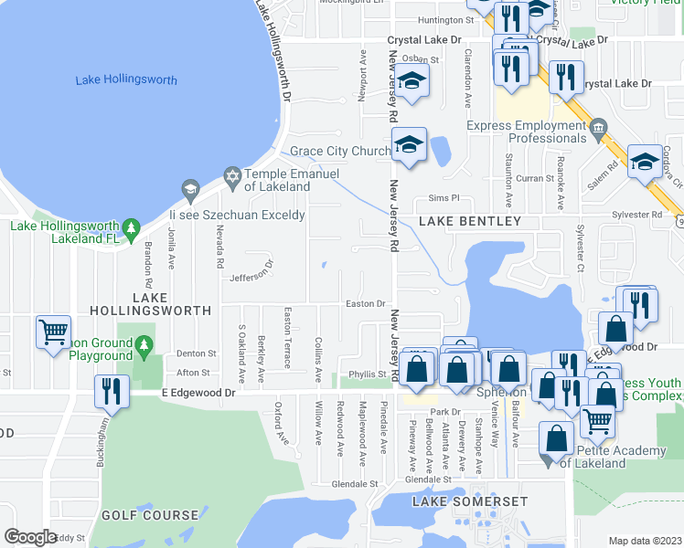 map of restaurants, bars, coffee shops, grocery stores, and more near 2410 Newport Avenue in Lakeland