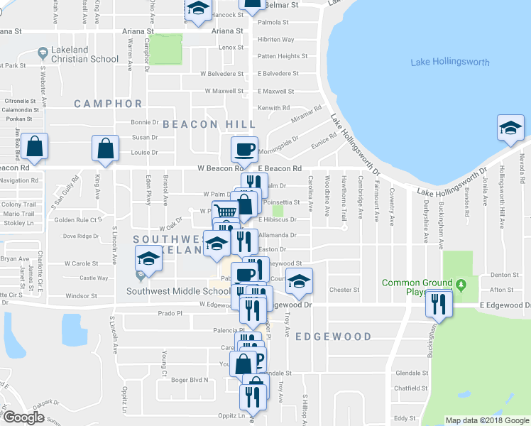 map of restaurants, bars, coffee shops, grocery stores, and more near 209 East Hibiscus Drive in Lakeland