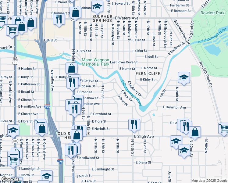 map of restaurants, bars, coffee shops, grocery stores, and more near 1211 East Crenshaw Street in Tampa