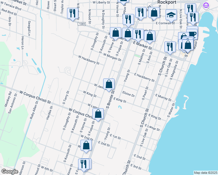 map of restaurants, bars, coffee shops, grocery stores, and more near 616 South Fuqua Street in Rockport