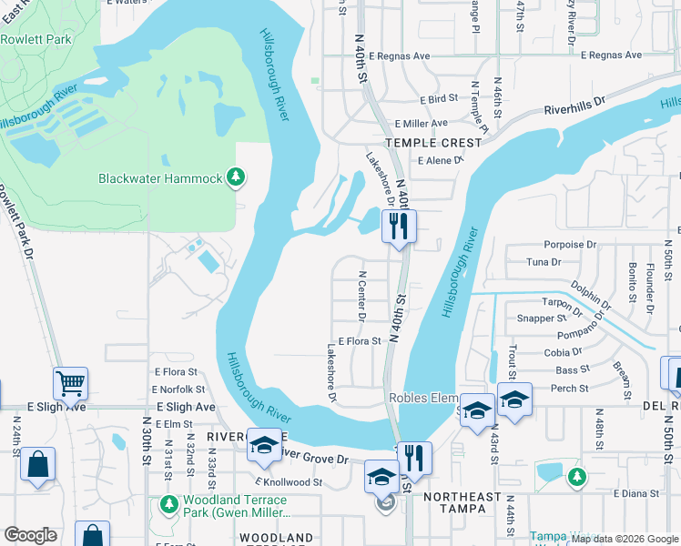map of restaurants, bars, coffee shops, grocery stores, and more near 7305 Lakeshore Drive in Tampa