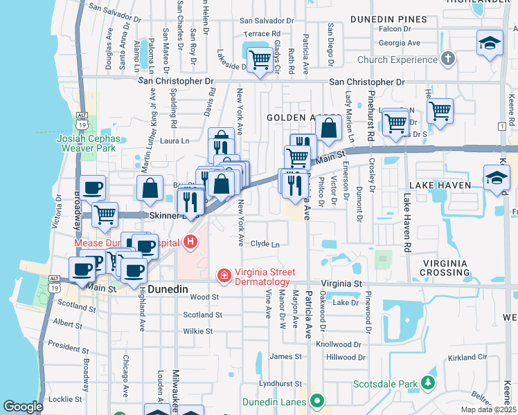 map of restaurants, bars, coffee shops, grocery stores, and more near 1007 Park Drive in Dunedin