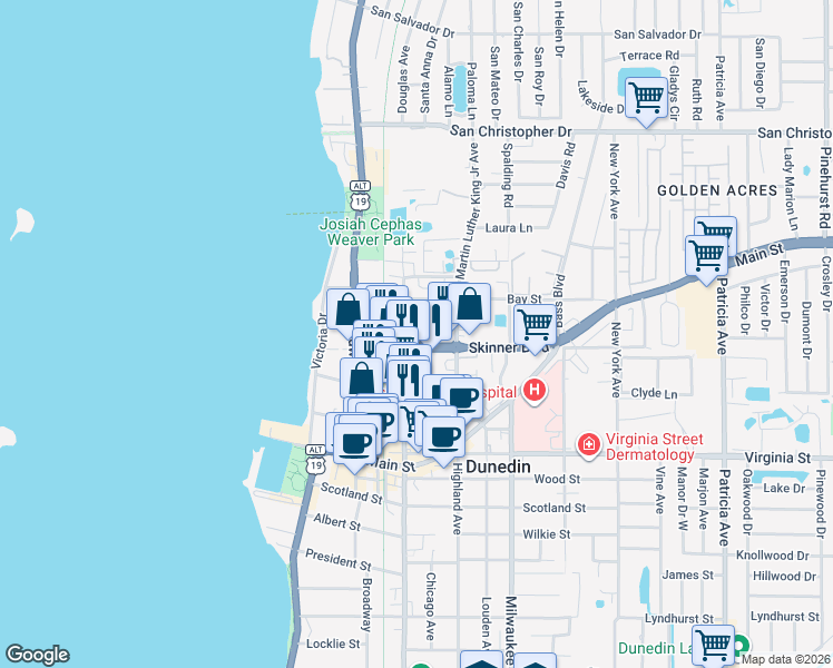 map of restaurants, bars, coffee shops, grocery stores, and more near 1040 Douglas Avenue in Dunedin