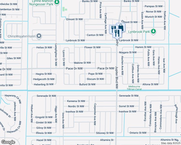 map of restaurants, bars, coffee shops, grocery stores, and more near 1031 Pope Street Northwest in Palm Bay