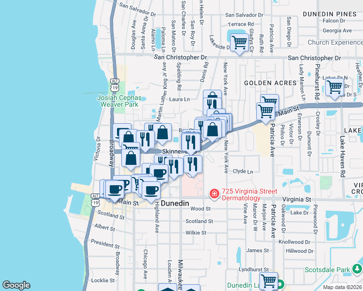map of restaurants, bars, coffee shops, grocery stores, and more near 1042 Oak Street in Dunedin