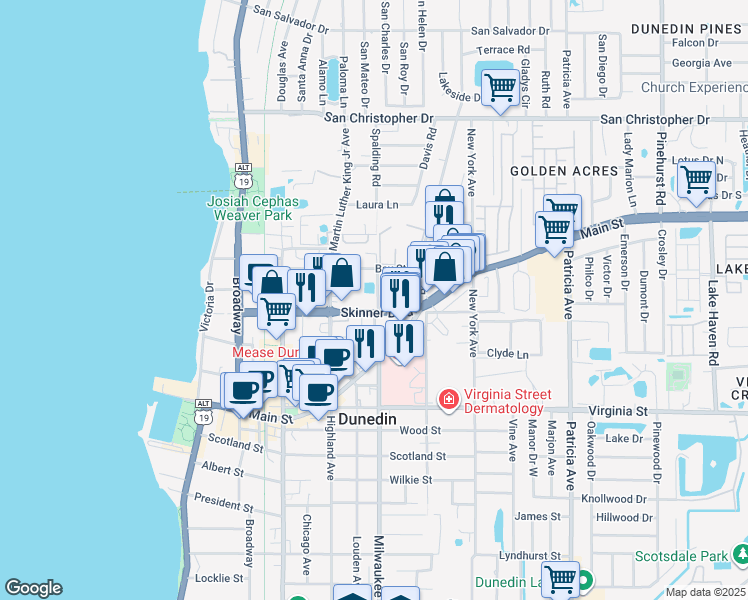 map of restaurants, bars, coffee shops, grocery stores, and more near 1042 Oak Street in Dunedin