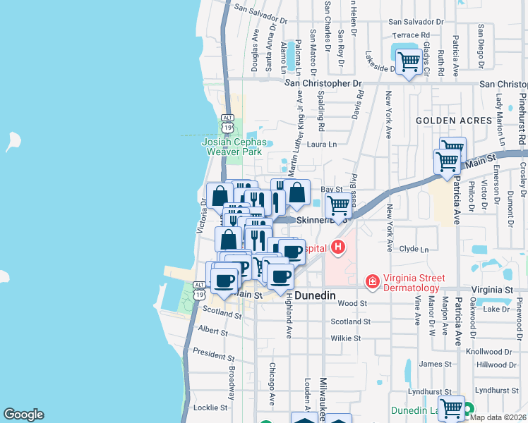 map of restaurants, bars, coffee shops, grocery stores, and more near 1040 Douglas Avenue in Dunedin