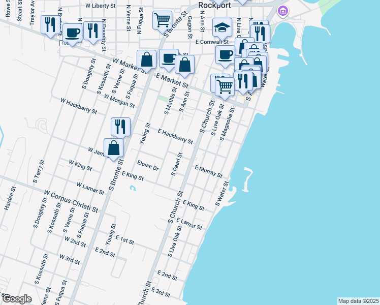 map of restaurants, bars, coffee shops, grocery stores, and more near 720 East Hackberry Street in Rockport