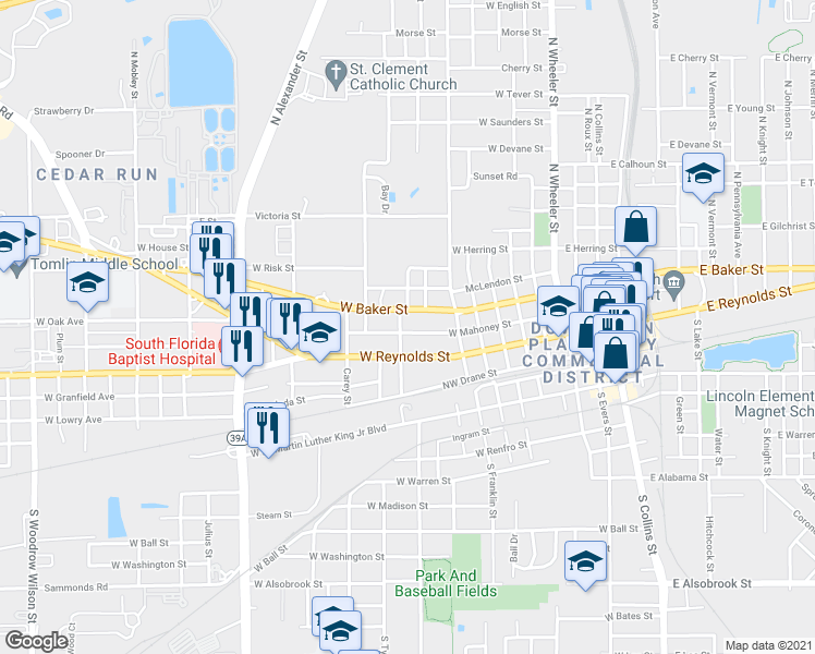 map of restaurants, bars, coffee shops, grocery stores, and more near 908 West Mahoney Street in Plant City