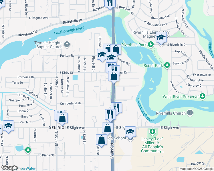 map of restaurants, bars, coffee shops, grocery stores, and more near 7509 Presley Place in Tampa
