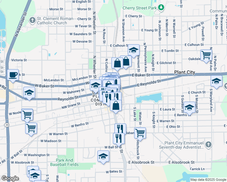 map of restaurants, bars, coffee shops, grocery stores, and more near 115 East Reynolds Street in Plant City