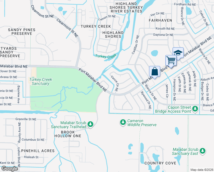 map of restaurants, bars, coffee shops, grocery stores, and more near 825 Vance Circle Northeast in Palm Bay