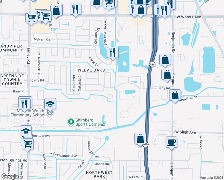map of restaurants, bars, coffee shops, grocery stores, and more near 6804 Mitchell Circle in Tampa