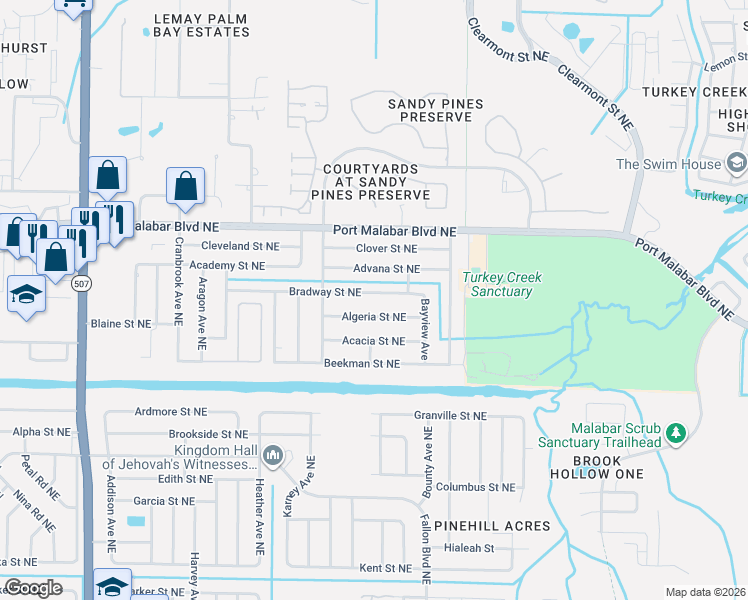 map of restaurants, bars, coffee shops, grocery stores, and more near 2081 Bradway Street Northeast in Palm Bay