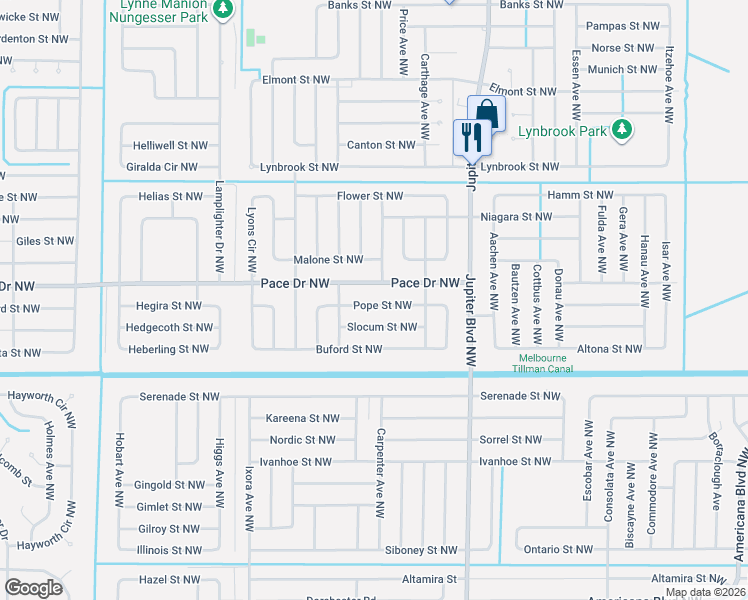 map of restaurants, bars, coffee shops, grocery stores, and more near 1055 Pace Drive Northwest in Palm Bay