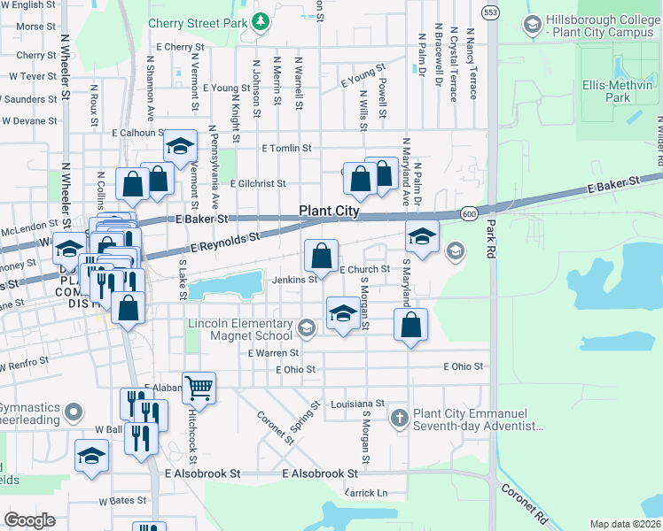map of restaurants, bars, coffee shops, grocery stores, and more near 12 South Gordon Street in Plant City