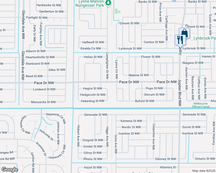 map of restaurants, bars, coffee shops, grocery stores, and more near 1238 Pace Drive Northwest in Palm Bay