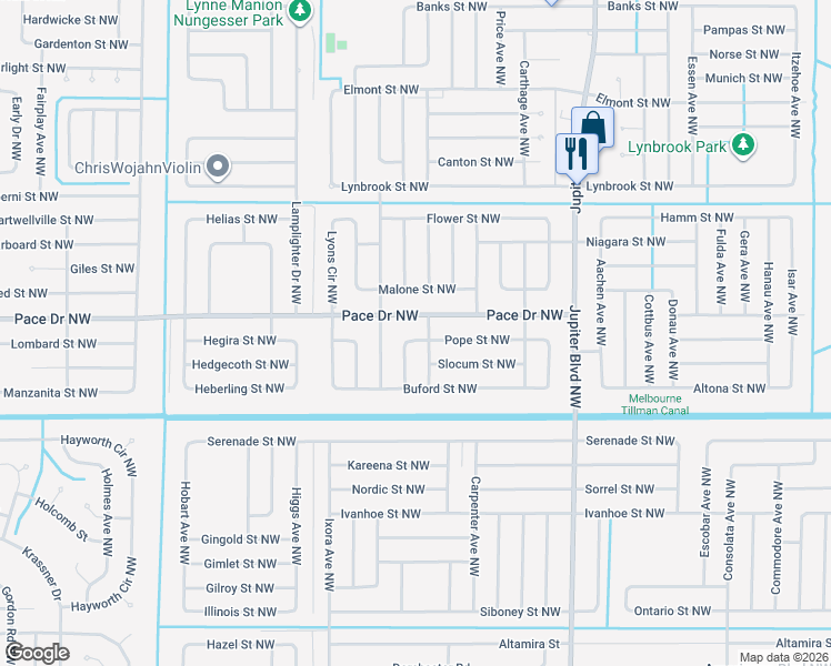 map of restaurants, bars, coffee shops, grocery stores, and more near 1081 Pope Street Northwest in Palm Bay