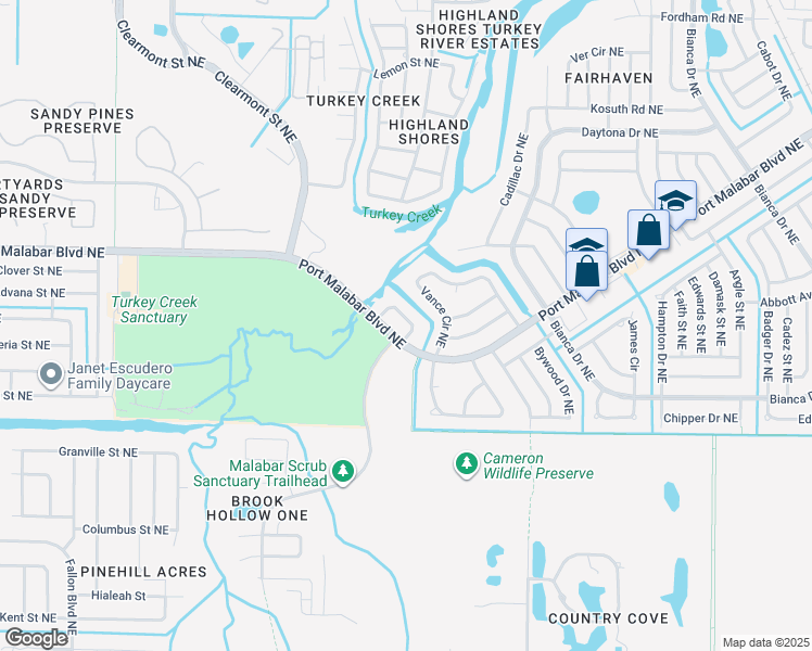 map of restaurants, bars, coffee shops, grocery stores, and more near 825 Vance Circle Northeast in Palm Bay