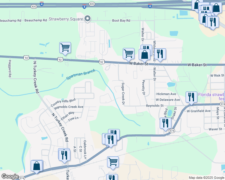 map of restaurants, bars, coffee shops, grocery stores, and more near 3817 Creek Way Court in Plant City