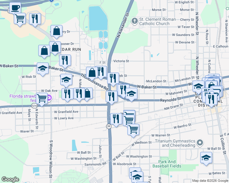 map of restaurants, bars, coffee shops, grocery stores, and more near 316 North Alexander Street in Plant City