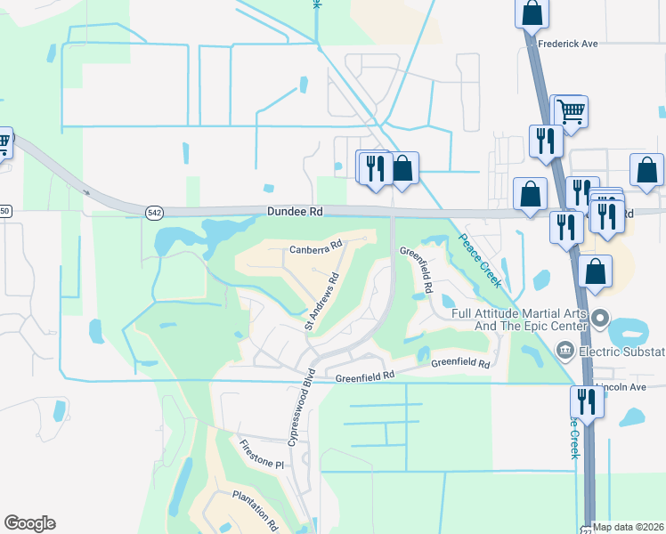 map of restaurants, bars, coffee shops, grocery stores, and more near 717 Canberra Road in Winter Haven