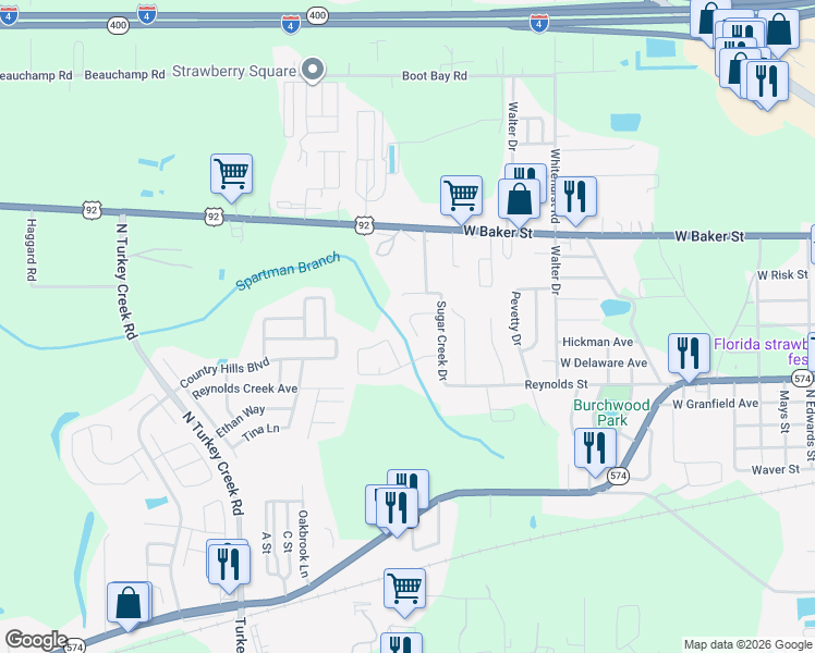 map of restaurants, bars, coffee shops, grocery stores, and more near 3812 Creek Way Court in Plant City