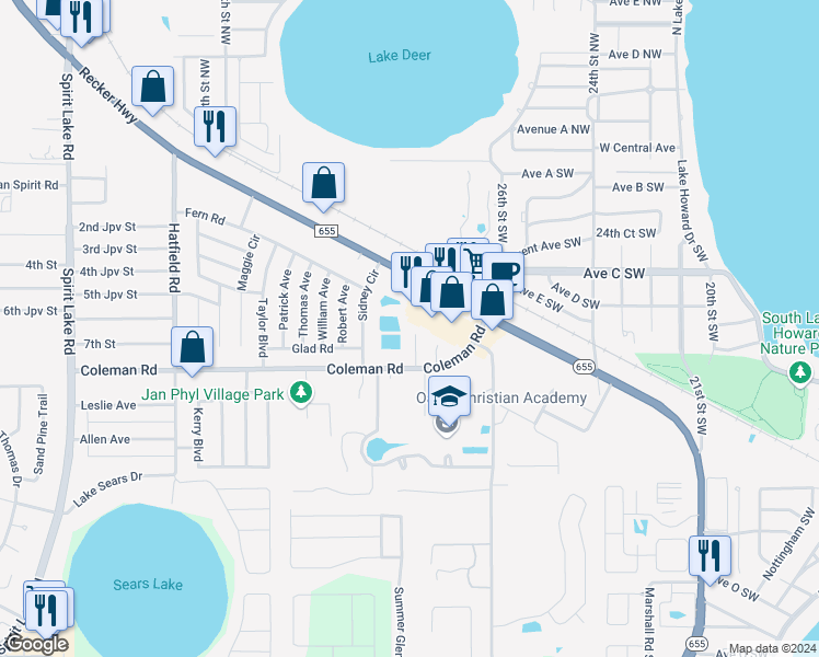 map of restaurants, bars, coffee shops, grocery stores, and more near 508 Sidney Circle in Winter Haven