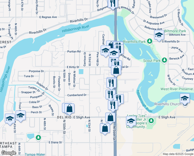 map of restaurants, bars, coffee shops, grocery stores, and more near 7601 Sharon Drive in Tampa