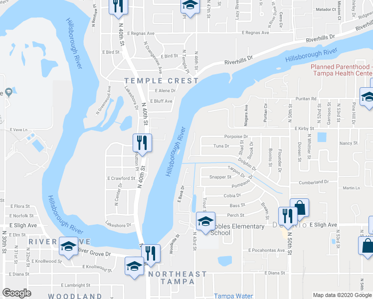 map of restaurants, bars, coffee shops, grocery stores, and more near 4037 Dolphin Drive in Tampa