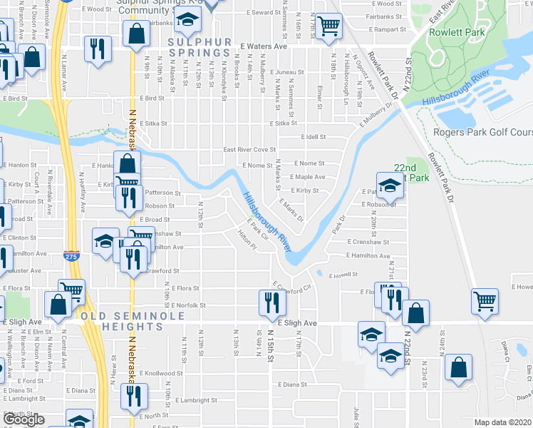 map of restaurants, bars, coffee shops, grocery stores, and more near 1504 East Mulberry Drive in Tampa
