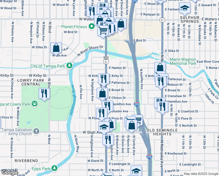 map of restaurants, bars, coffee shops, grocery stores, and more near in Tampa