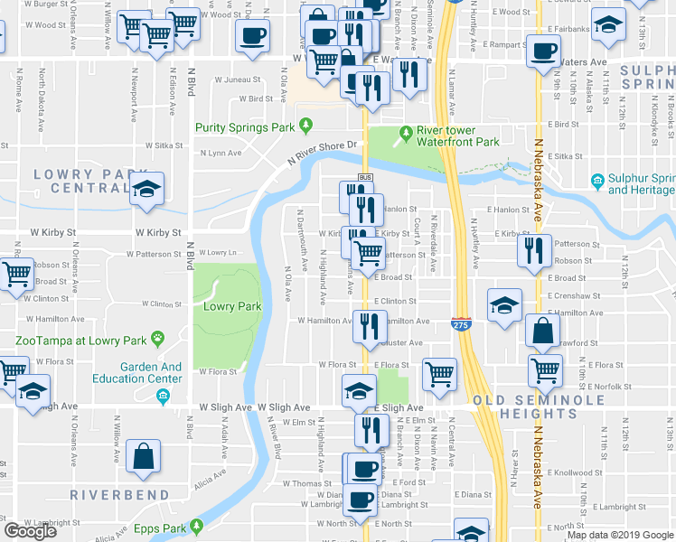 map of restaurants, bars, coffee shops, grocery stores, and more near 210 West Patterson Street in Tampa