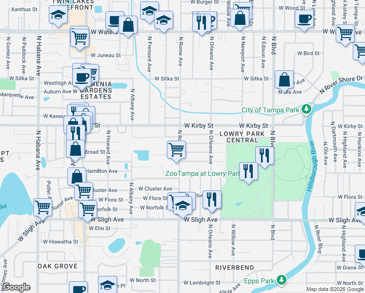 map of restaurants, bars, coffee shops, grocery stores, and more near 7601 North Rome Avenue in Tampa