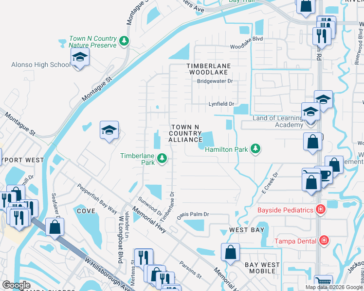 map of restaurants, bars, coffee shops, grocery stores, and more near 10105 Lazy Creek Court in Tampa