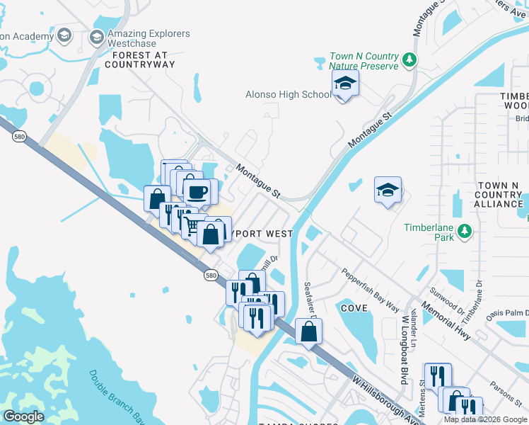 map of restaurants, bars, coffee shops, grocery stores, and more near 7031 Drury Street in Tampa