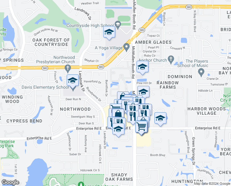 map of restaurants, bars, coffee shops, grocery stores, and more near 3040 Eastland Boulevard in Clearwater