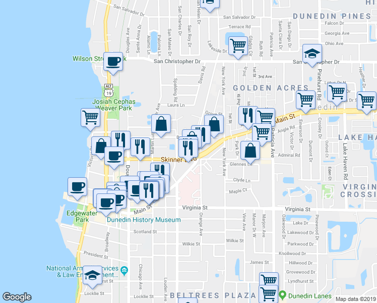 map of restaurants, bars, coffee shops, grocery stores, and more near 1042 Oak Street in Dunedin