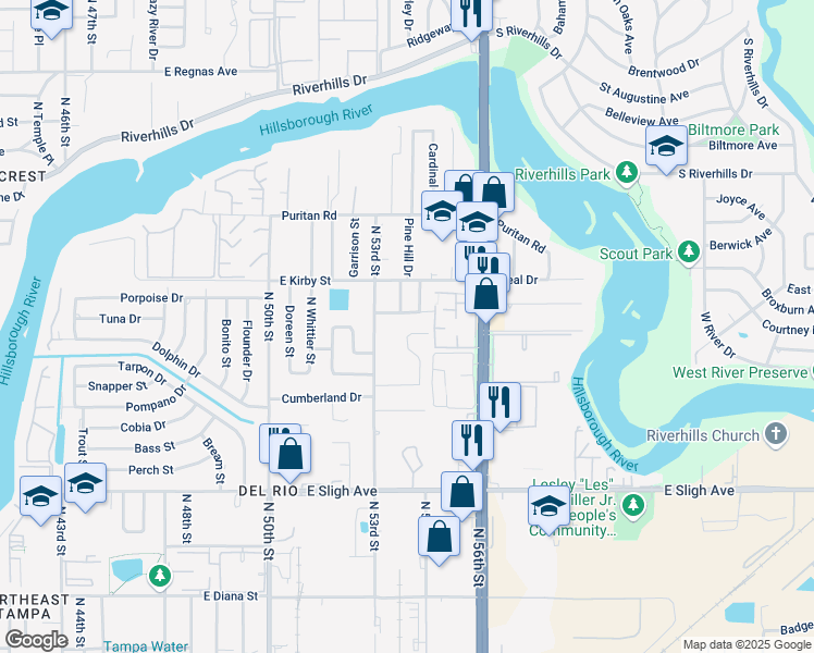 map of restaurants, bars, coffee shops, grocery stores, and more near 7601 Sharon Drive in Tampa