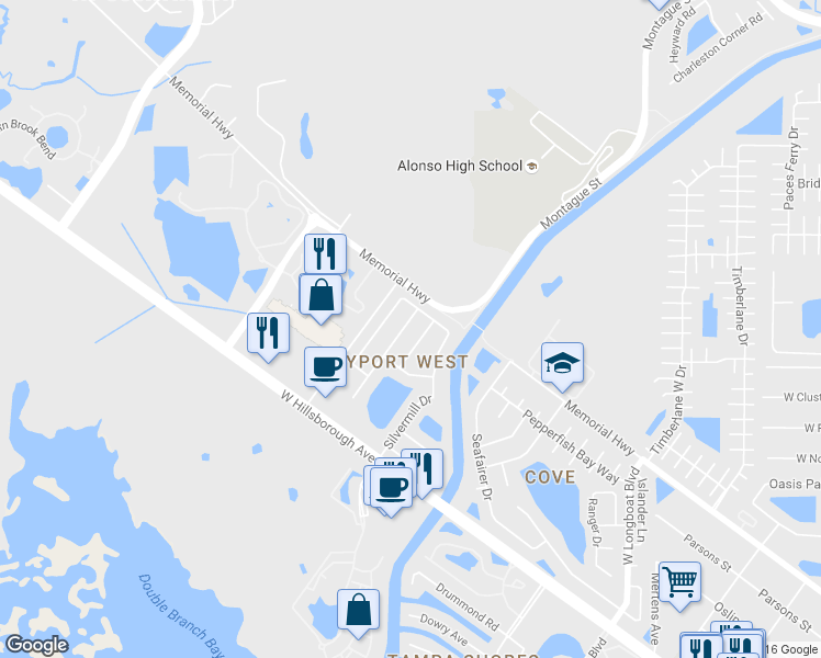 map of restaurants, bars, coffee shops, grocery stores, and more near 7031 Drury Street in Tampa