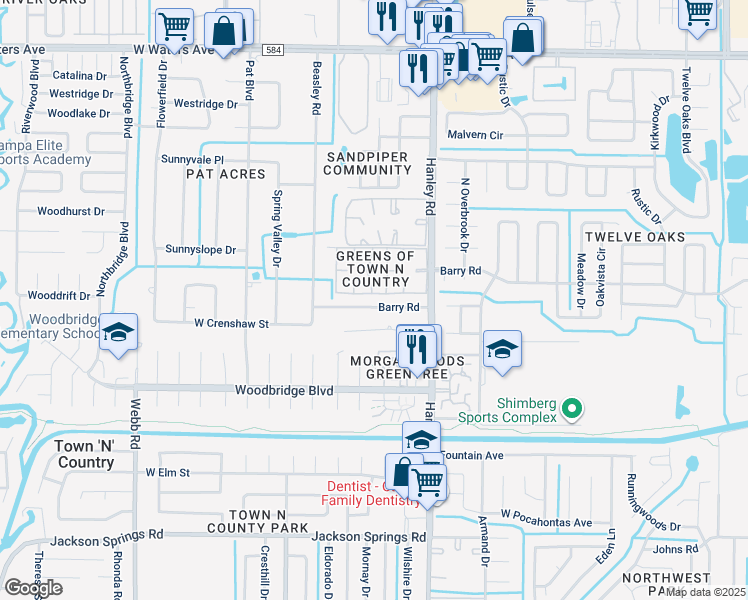 map of restaurants, bars, coffee shops, grocery stores, and more near in Town 'n' Country